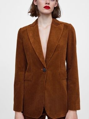 Zara Woman Brown Corduroy Blazer Jacket Single Button Tailored Fall